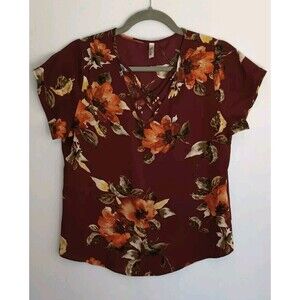 Gloria Criss Cross V Neck Floral Short Sleeve Blouse Women's Size Medium